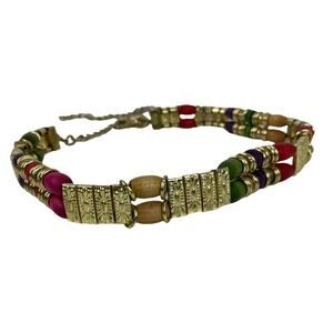 VTG Retro Belt 80s Gold Chain Tiered Wood Rainbow Multicolor Beads Gold Metal